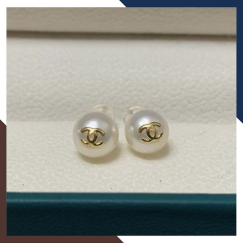 Bông tai ngọc trai vàng 18k, bông tai nụ ngọc trai chanel bằng vàng 18k mã V570TT78