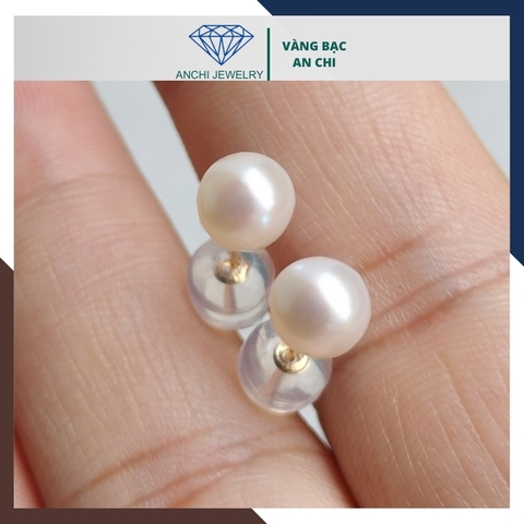 Bông tai ngọc trai vàng 18k, bông tai nụ vàng tây đính ngọc trai thật 6mm mã 190TT67