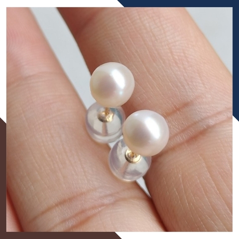 Bông tai ngọc trai vàng 18k, bông tai nụ vàng tây đính ngọc trai thật 6mm mã 190TT67