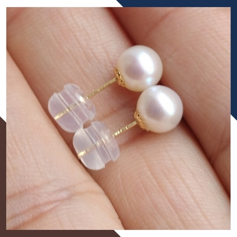 Bông tai ngọc trai vàng 18k, bông tai nụ vàng tây đính ngọc trai thật 6mm mã 190TT67