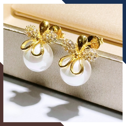 Bông tai ngọc trai vàng tây 10k hình bông hoa mai 5 cánh trẻ trung mới đẹp cho nữ mã TL63T1112