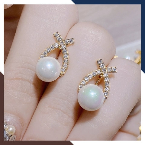 Bông tai ngọc trai vàng tây 10k hình nơ trẻ trung cho nữ, mẫu chốt bấm bật mã 50TT78