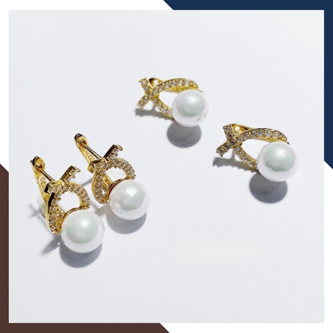 Bông tai ngọc trai vàng tây 10k hình nơ trẻ trung cho nữ, mẫu chốt bấm bật mã 50TT78