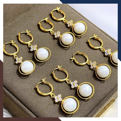 Bông tai ngọc trai vàng tây 10k, khuyên tai tròn đeo sát tai đính ngọc trai kiểu tòn ten đẹp cho nữ mã TL39T89