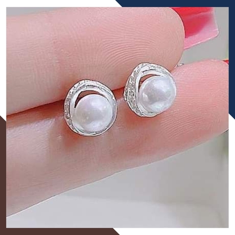 Bông tai nụ ngọc trai viền bạc tròn đính đá cho nữ đẹp mã k55td78