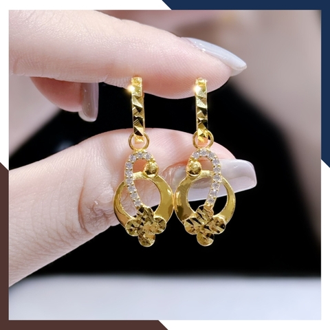 Bông tai tòn ten vàng tây 10k hình nốt nhạc đính đá phối hoa 4 cánh kiểu khuyên tròn cho nữ mã TL72