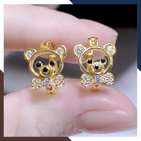 Bông tai vàng cho bé gái hình con gấu đính đá xanh đỏ đen mã TL54 | vàng tây 10k