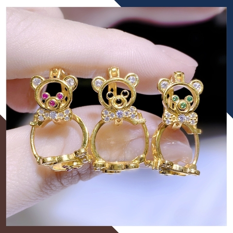Bông tai vàng cho bé gái hình con gấu đính đá xanh đỏ đen mã TL54 | vàng tây 10k