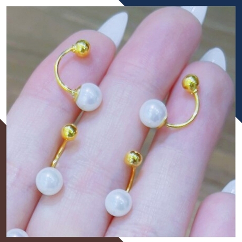 Bông tai vàng tây 10k đính ngọc trai thật dáng cong trẻ trung cho nữ mã 1p8TT89