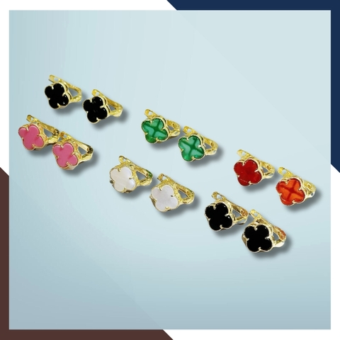 Bông tai vàng tây 10k hình cỏ 4 lá đính đá đen đỏ trắng xanh mẫu chốt bấm bật cho nữ mã TL36