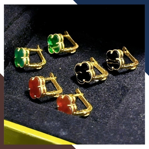 Bông tai vàng tây 10k hình cỏ 4 lá đính đá đen đỏ trắng xanh mẫu chốt bấm bật cho nữ mã TL36