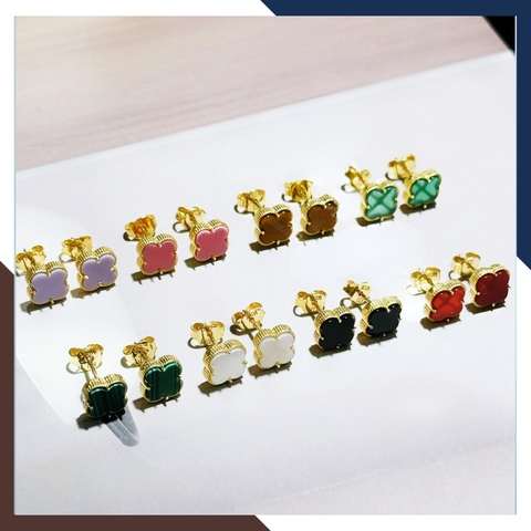 Bông tai cỏ 4 lá vàng tây 10k màu đen đỏ hồng trắng mã TL36