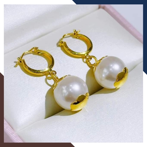 Bông tai vàng tây đính ngọc trai, hoa tai tròn vàng 10k dáng tòn ten đẹp cho nữ