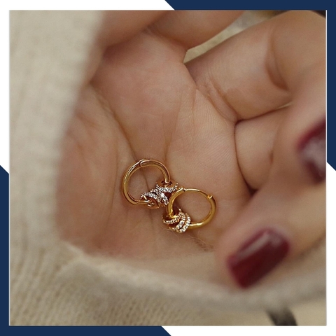 Bông tai vàng tròn trơn mix 3 vòng tròn nạm đá, hoa tai vàng tây 10k trẻ trung cho nam nữ, mã 1765TL59