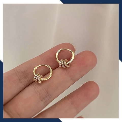 Bông tai vàng tròn trơn mix 3 vòng tròn nạm đá, hoa tai vàng tây 10k trẻ trung cho nam nữ, mã 1765TL59