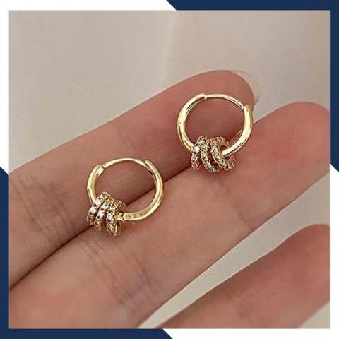 Bông tai vàng tròn trơn mix 3 vòng tròn nạm đá, hoa tai vàng tây 10k trẻ trung cho nam nữ, mã 1765TL59
