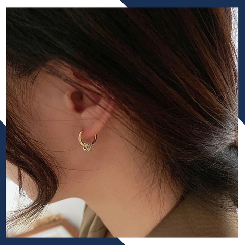 Bông tai vàng tròn trơn mix 3 vòng tròn nạm đá, hoa tai vàng tây 10k trẻ trung cho nam nữ, mã 1765TL59