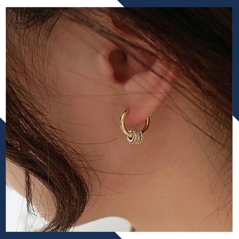 Bông tai vàng tròn trơn mix 3 vòng tròn nạm đá, hoa tai vàng tây 10k trẻ trung cho nam nữ, mã 1765TL59