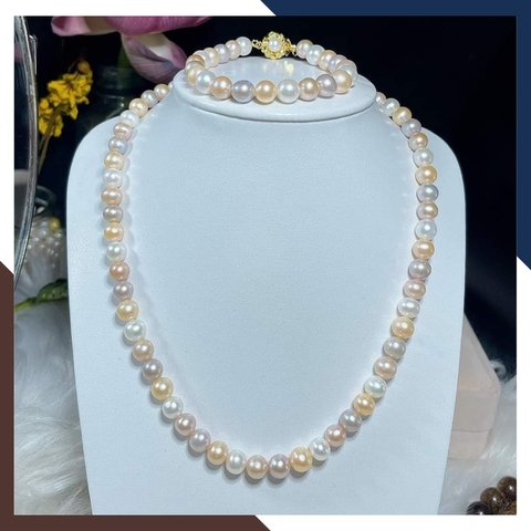 Bộ trang sức ngọc trai tứ quý 4 màu 8–9mm cao cấp – Set vòng cổ, vòng tay & bông tai BTSNT10