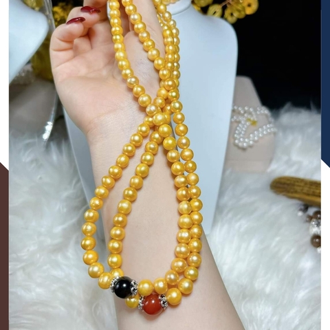 BTSNT19 – Bộ Ngọc Trai Vàng 7–8mm Phối Đá Mã Não Đỏ Đen