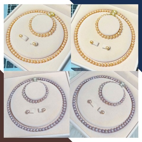 BTSNT243 – Bộ Ngọc Trai Hồng & Tím Pastel Dễ Phối Hàng Ngày – 3 Món Đồng Bộ Tôn Cổ, Tai, Tay