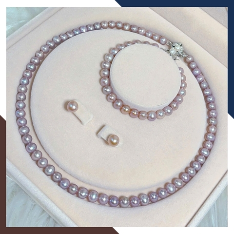 BTSNT243 – Bộ Ngọc Trai Hồng & Tím Pastel Dễ Phối Hàng Ngày – 3 Món Đồng Bộ Tôn Cổ, Tai, Tay