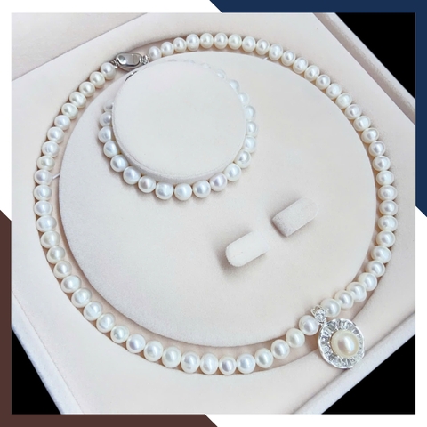 BTSNT249 – Bộ Ngọc Trai 7–8mm Mặt Bạc 925 Khung Đá Baguette Tuyến Tính