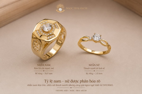 Cặp Nhẫn Cưới Vàng Tây 10K NVCD165 – Đính Đá, Nam Bản Lớn, Nữ Thanh Mảnh