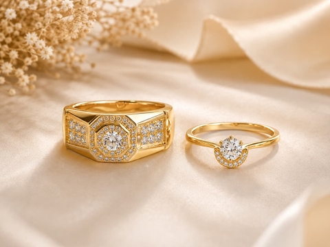 Cặp Nhẫn Cưới Vàng Tây 10K NVCD167 – Nữ Solitaire Halo, Nam Bản Lớn Đa Lớp