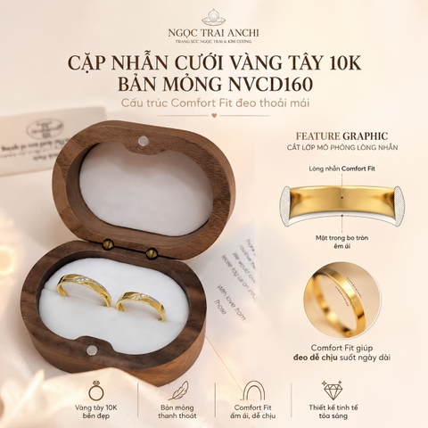 Cặp Nhẫn Cưới Vàng Tây 10K NVCD161 – Thiết Kế Đồng Điệu, Đính Đá Tinh Tế Cho Cặp Đôi Hiện Đại