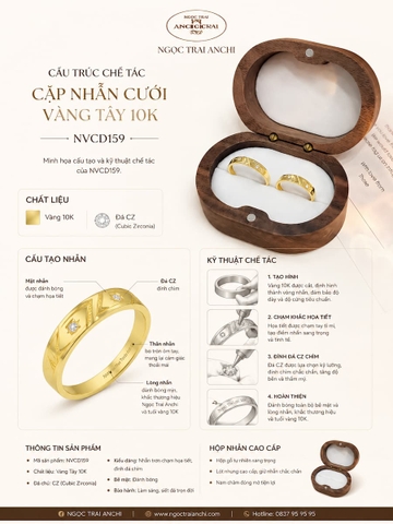 Cặp Nhẫn Cưới Vàng Tây 10K NVCD159 – Thiết Kế Hình Học Hiện Đại, Đính Đá CZ Tinh Tế, Bản 2mm Thanh Lịch