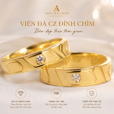Cặp Nhẫn Cưới Vàng Tây 10K NVCD159 – Thiết Kế Hình Học Hiện Đại, Đính Đá CZ Tinh Tế, Bản 2mm Thanh Lịch