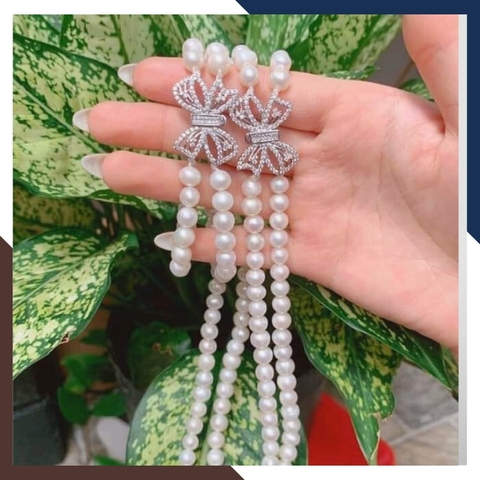 Bộ Trang Sức Ngọc Trai 2 Vòng Khóa Nơ Đính Đá | Vòng Cổ, Vòng Tay & Bông Tai BTSNT14