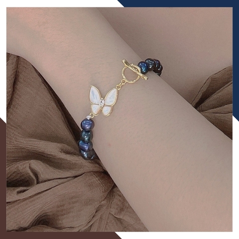 Set Vòng Ngọc Trai Đen Khóa Bướm – Choker & Vòng Tay Nữ BTSNT12