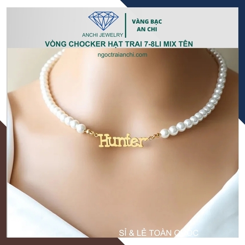 Choker ngọc trai có mặt bạc khắc tên theo yêu cầu cho nữ mã B250T233