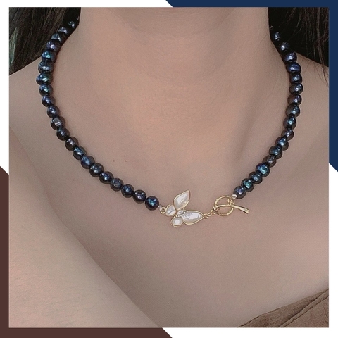 Set Vòng Ngọc Trai Đen Khóa Bướm – Choker & Vòng Tay Nữ BTSNT12