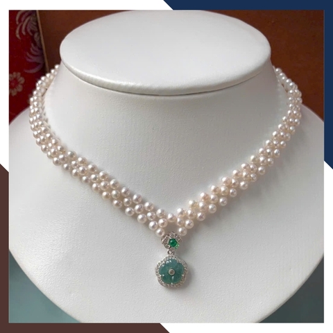 Vòng Cổ Ngọc Trai Đan 3 Hàng Cấu Trúc Chữ V 48cm – Mặt Tâm Lam Ngọc VCNT186