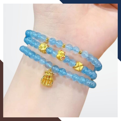 Vòng tay đá aquamarine ngọc xanh biển mix charm vàng 24k mã AC2585