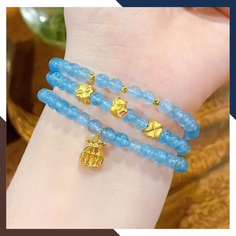 Vòng tay đá aquamarine ngọc xanh biển mix charm vàng 24k mã AC2585