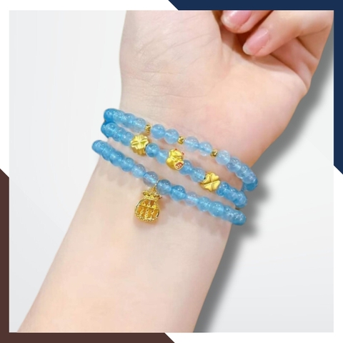 Vòng tay đá aquamarine ngọc xanh biển mix charm vàng 24k mã AC2585
