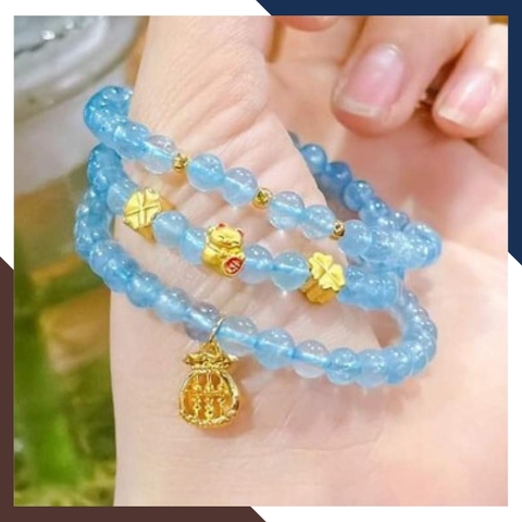 Vòng tay đá aquamarine ngọc xanh biển mix charm vàng 24k mã AC2585