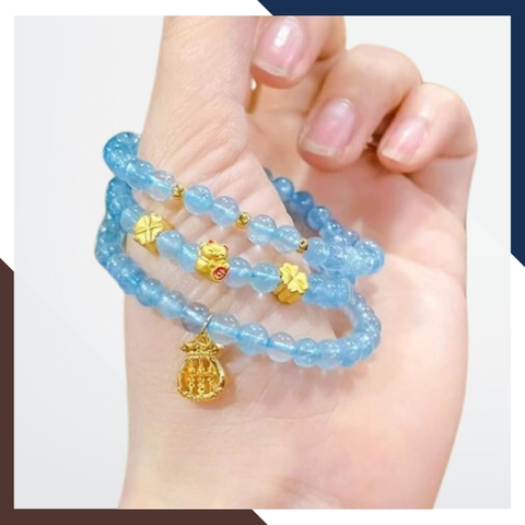 Vòng tay đá aquamarine ngọc xanh biển mix charm vàng 24k mã AC2585