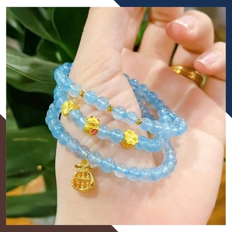 Vòng tay đá aquamarine ngọc xanh biển mix charm vàng 24k mã AC2585