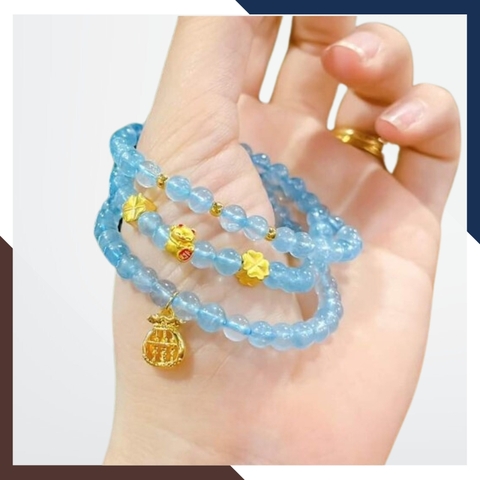 Vòng tay đá aquamarine ngọc xanh biển mix charm vàng 24k mã AC2585