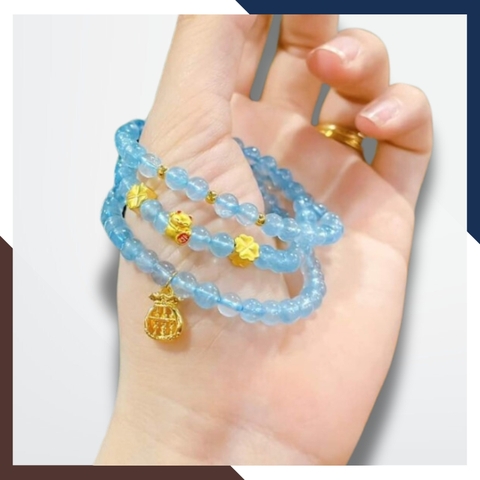 Vòng tay đá aquamarine ngọc xanh biển mix charm vàng 24k mã AC2585