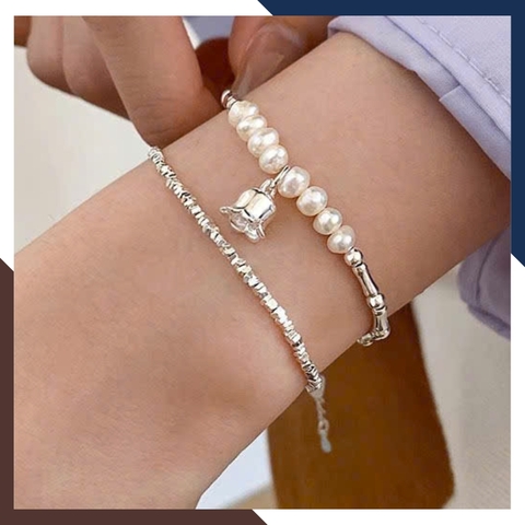 Combo Lắc Tay Ngọc Trai Bạc Vụn Phối Đốt Trúc, Hoa Linh Lan VTNT51