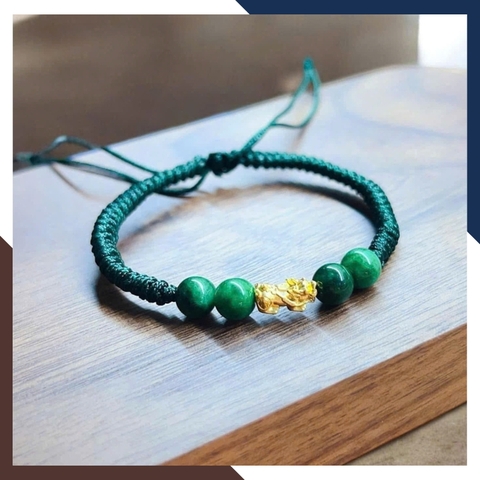 VTDPT57 – Vòng Tỳ Hưu 24K Trung Tâm Đối Xứng Dây Chỉ Xanh