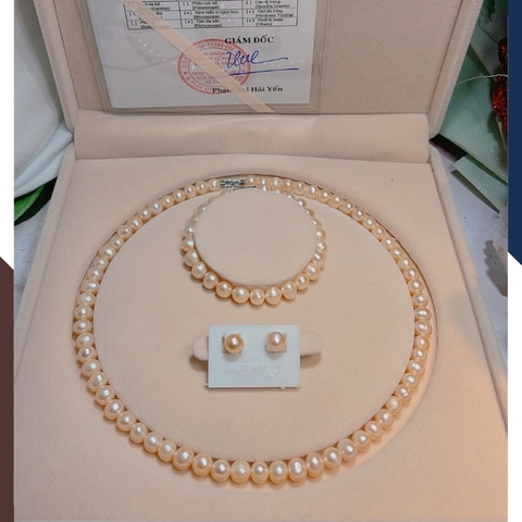 Bộ trang sức ngọc trai nước ngọt 7–8mm thanh lịch – vòng cổ, vòng tay, bông tai BTSNT06