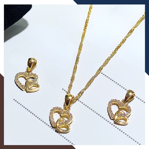 Dây chuyền mặt trái tim đôi bằng vàng tây 10k đính đá cho nữ đẹp mã D48M16