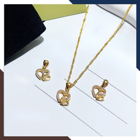 Dây chuyền mặt trái tim đôi bằng vàng tây 10k đính đá cho nữ đẹp mã D48M16